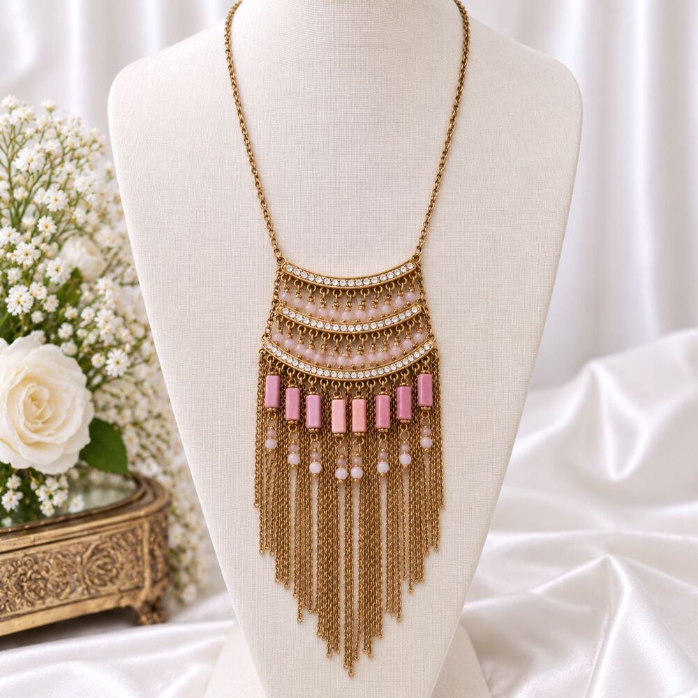 Vintage Gold Tone Pink Beaded Long Fringe Statement Necklace Boho